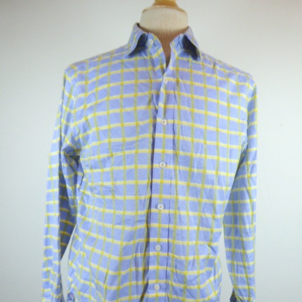 ROBERT GRAHAM BLUE PLAID CONTRAST CUFF SHIRT M